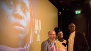 L-R Aegis CEO Dr James Smith with filmmaker Jo Ingabire and High Commissioner HE Johnston Busingye at the London premiere of BAFTA-nominated short BAZIGAGA, 10 February 2023